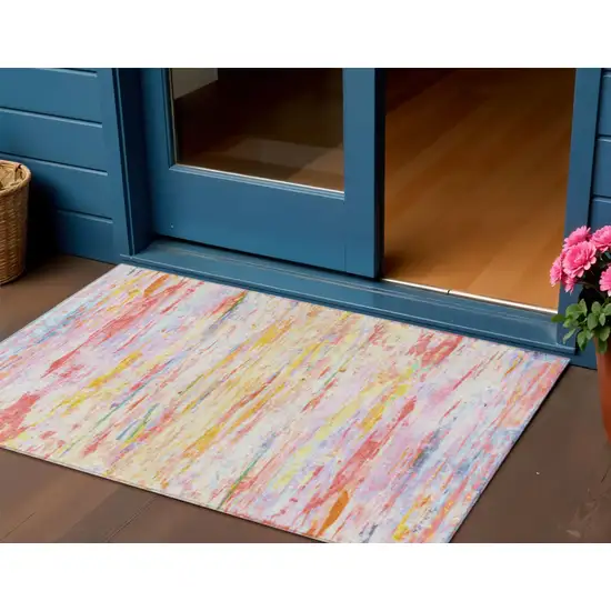 Coral And Yellow Abstract Washable Indoor Outdoor Area Rug Photo 2