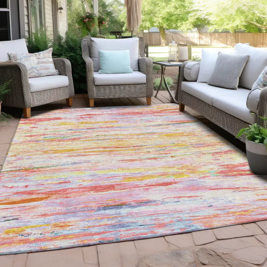Coral And Yellow Abstract Washable Indoor Outdoor Area Rug Photo 4