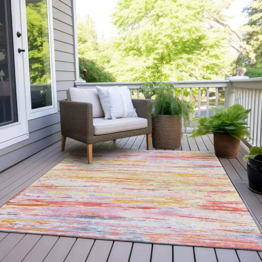 Coral And Yellow Abstract Washable Indoor Outdoor Area Rug Photo 7