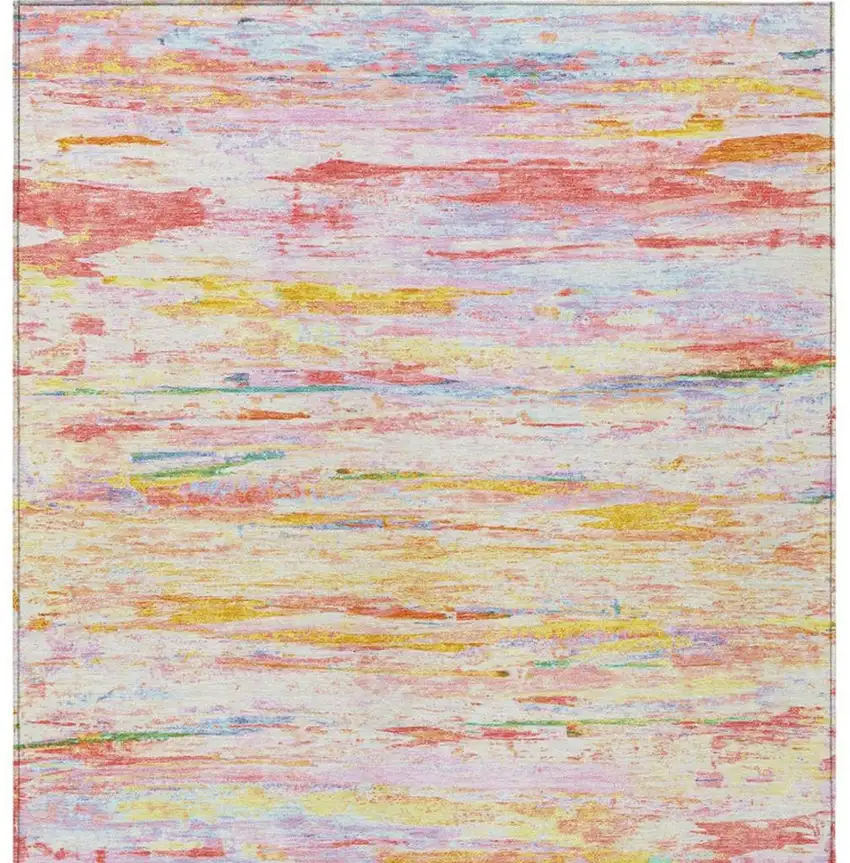 Coral And Yellow Abstract Washable Indoor Outdoor Area Rug Photo 3