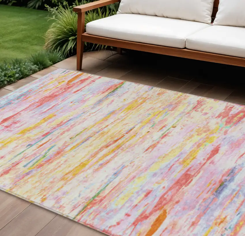 Coral And Yellow Abstract Washable Indoor Outdoor Area Rug Photo 2