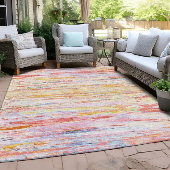 Coral And Yellow Abstract Washable Indoor Outdoor Area Rug Photo 4
