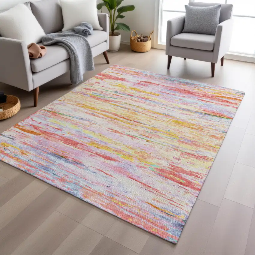 Coral And Yellow Abstract Washable Indoor Outdoor Area Rug Photo 4