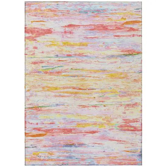 Coral And Yellow Abstract Washable Indoor Outdoor Area Rug Photo 7