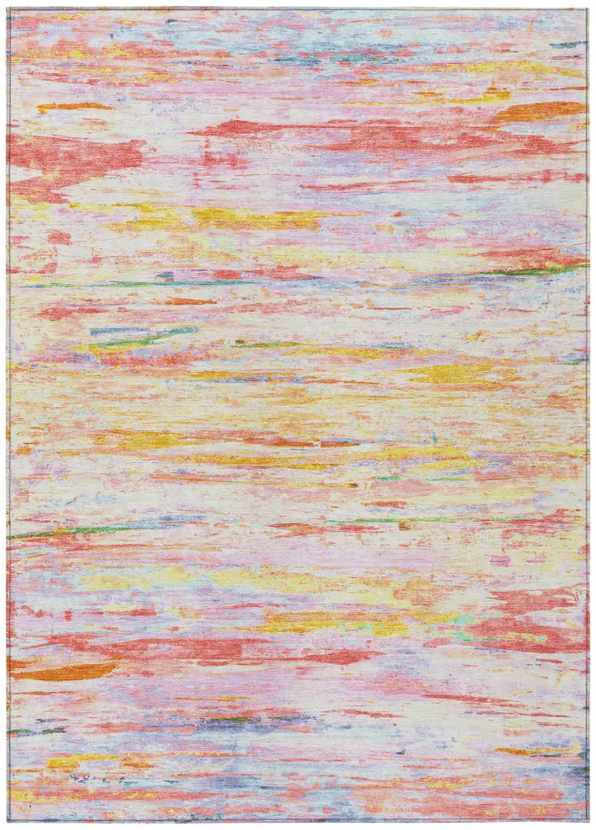 Coral And Yellow Abstract Washable Indoor Outdoor Area Rug Photo 7