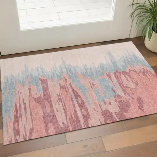 Coral Beige And Gray Abstract Washable Area Rug With UV Protection Photo 1