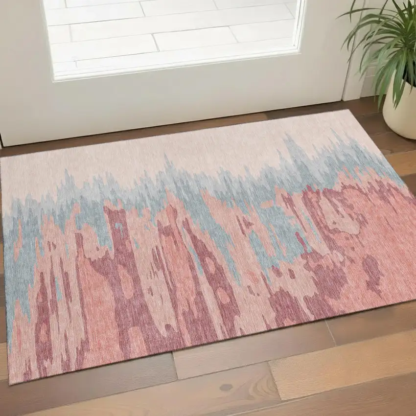 Coral Beige And Gray Abstract Washable Area Rug With UV Protection Photo 1