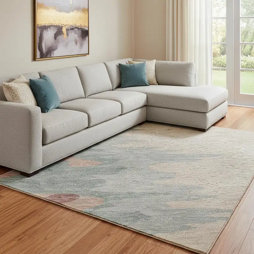 Coral Beige And Gray Abstract Washable Area Rug With UV Protection Photo 2