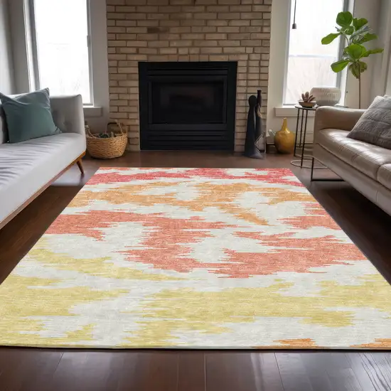 Coral Beige And Orange Abstract Washable Indoor Outdoor Area Rug Photo 8