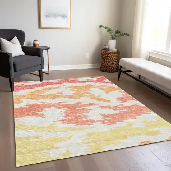 Coral Beige And Orange Abstract Washable Indoor Outdoor Area Rug Photo 8