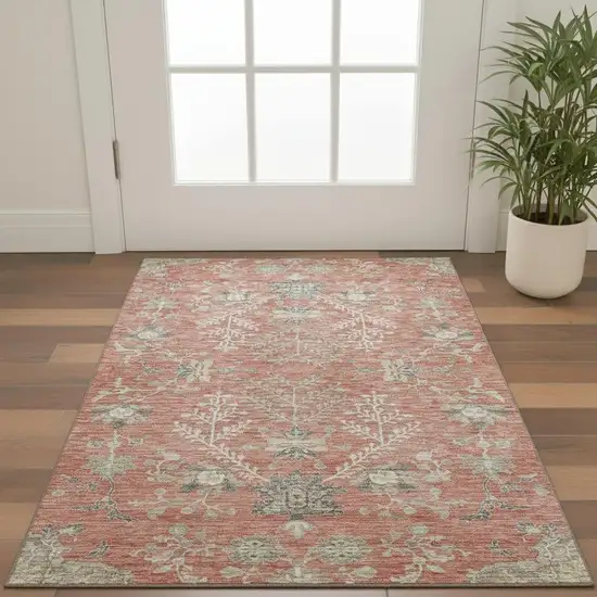 Coral Beige And Taupe Floral Washable Area Rug With UV Protection Photo 2