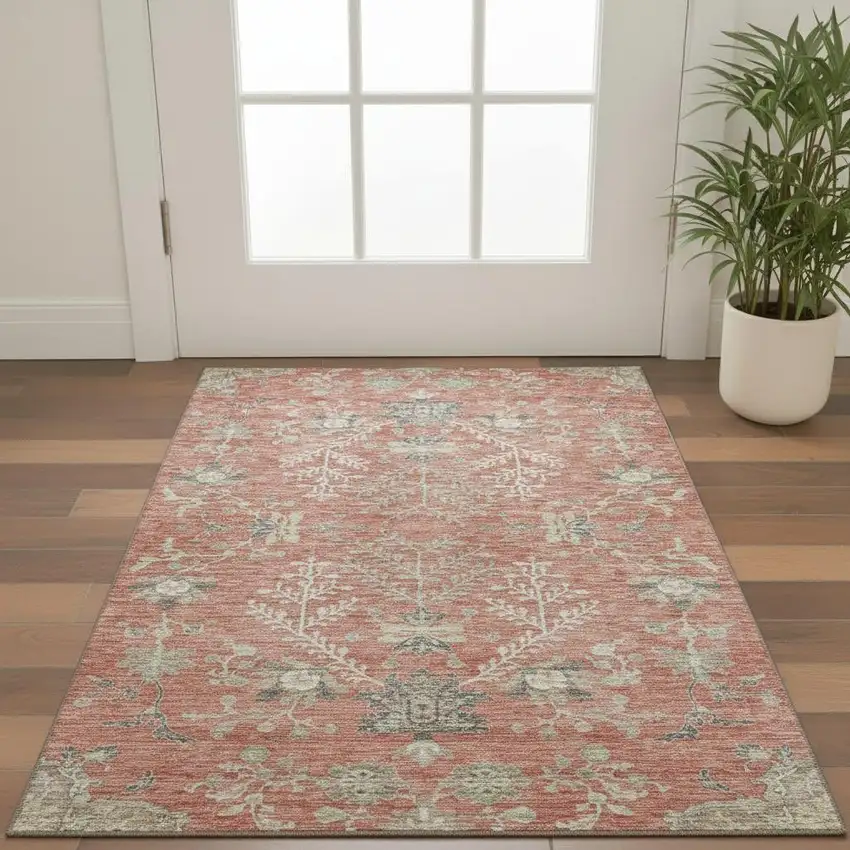 Coral Beige And Taupe Floral Washable Area Rug With UV Protection Photo 2
