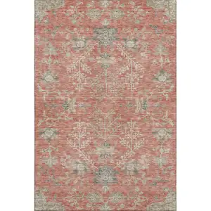 Photo of Coral Beige And Taupe Floral Washable Area Rug With UV Protection