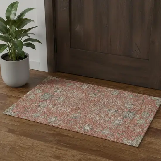 Coral Beige And Taupe Floral Washable Area Rug With UV Protection Photo 1