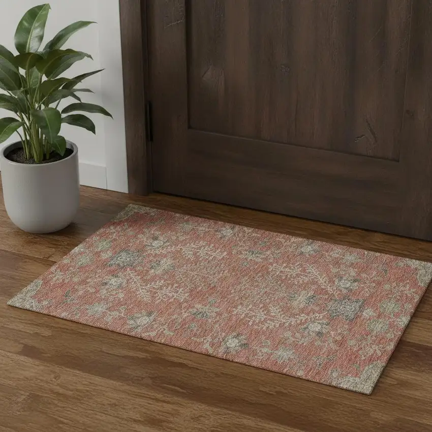 Coral Beige And Taupe Floral Washable Area Rug With UV Protection Photo 1