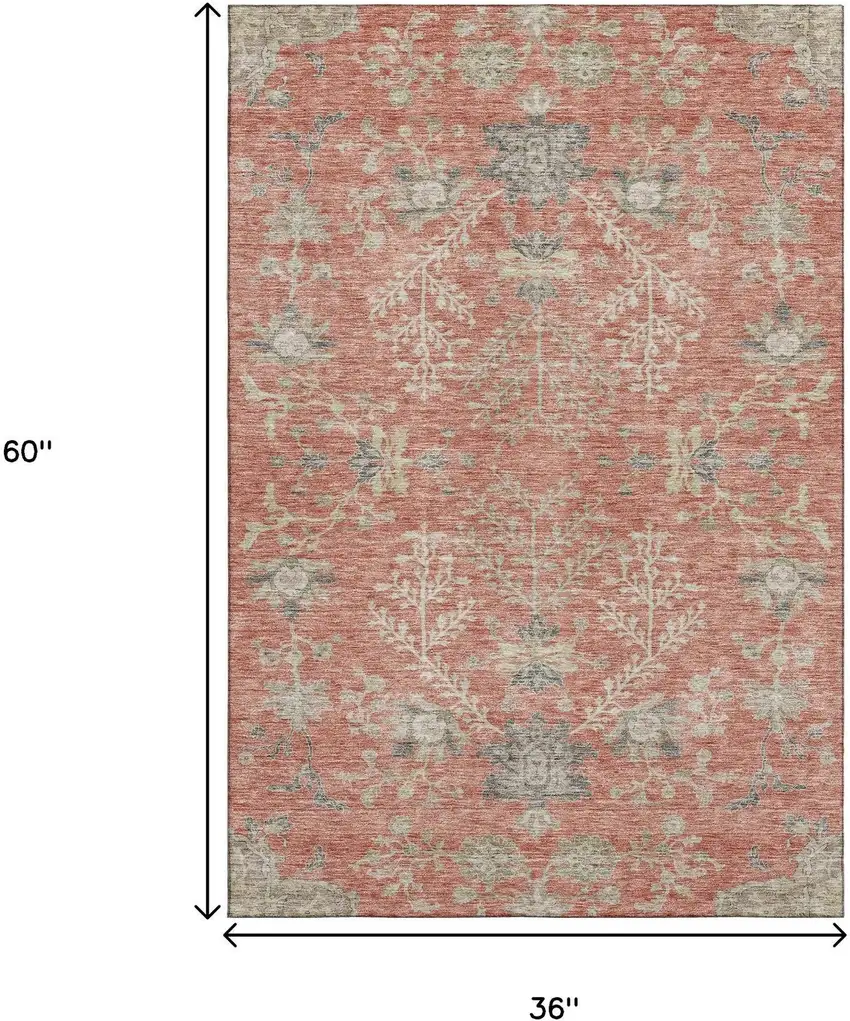 Coral Beige And Taupe Floral Washable Area Rug With UV Protection Photo 3