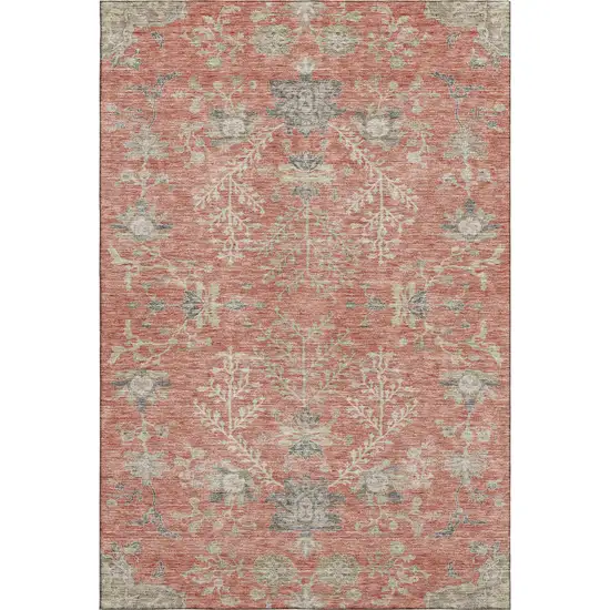 Coral Beige And Taupe Floral Washable Area Rug With UV Protection Photo 1