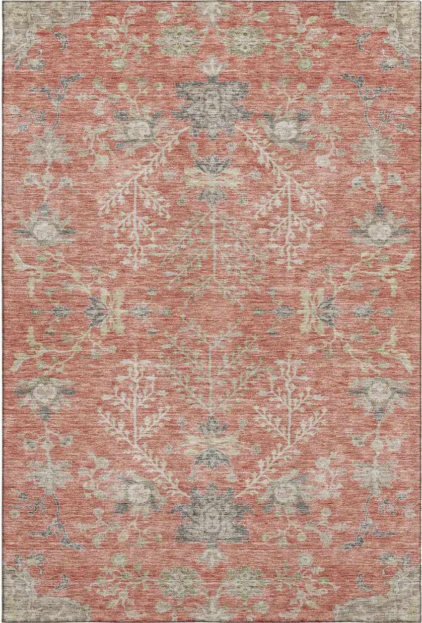 Coral Beige And Taupe Floral Washable Area Rug With UV Protection Photo 1