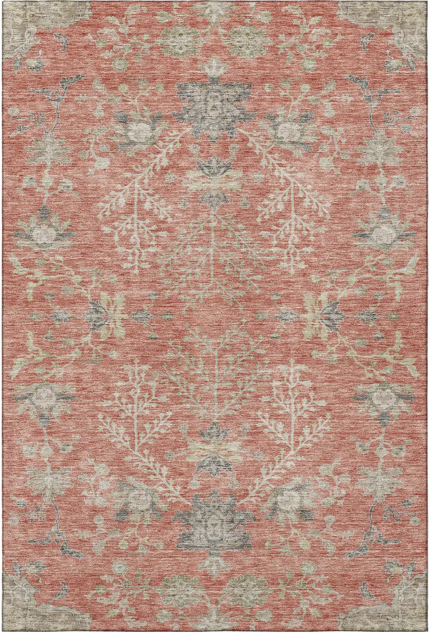 Coral Beige And Taupe Floral Washable Area Rug With UV Protection Photo 3