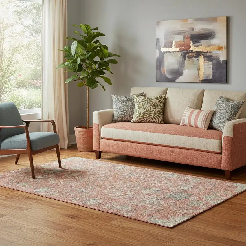 Coral Beige And Taupe Floral Washable Area Rug With UV Protection Photo 2