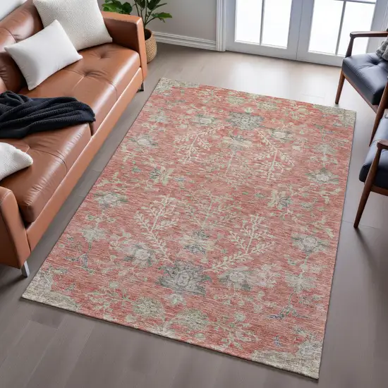 Coral Beige And Taupe Floral Washable Area Rug With UV Protection Photo 5