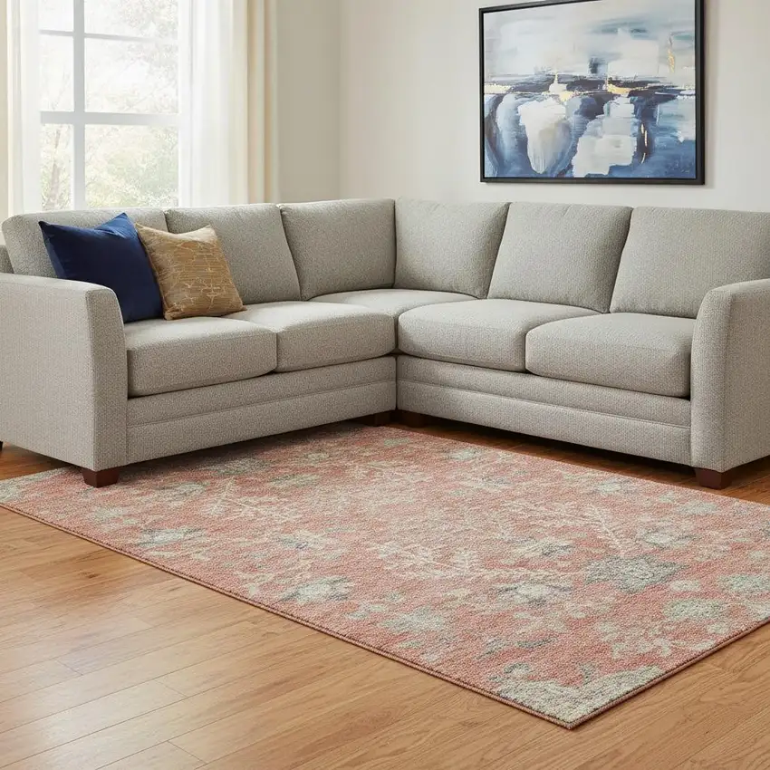 Coral Beige And Taupe Floral Washable Area Rug With UV Protection Photo 2