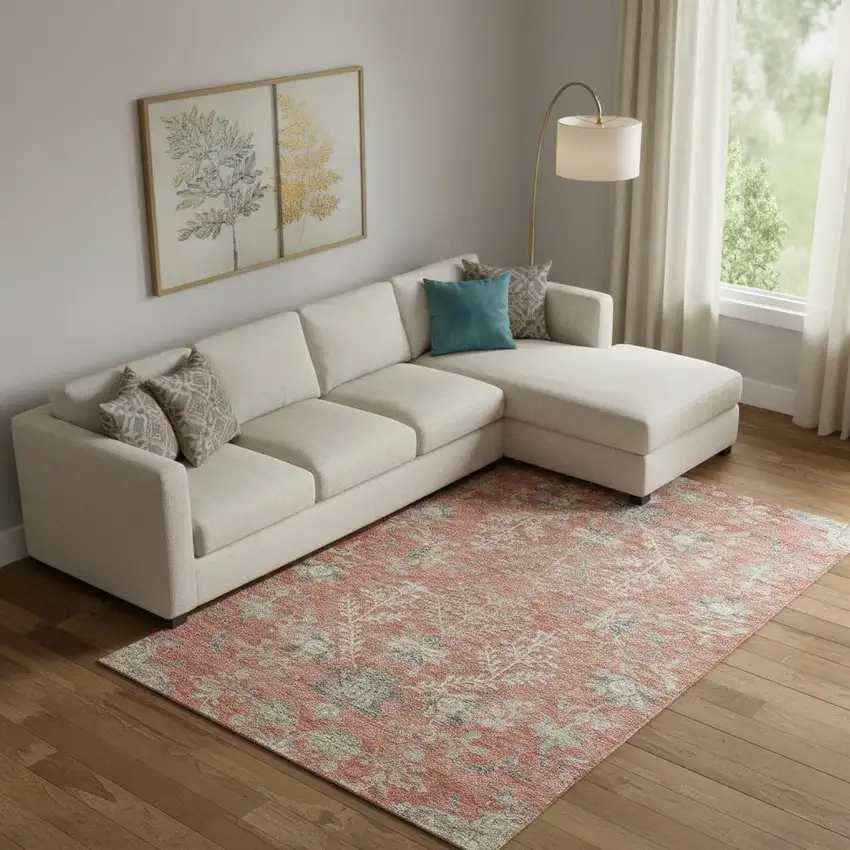 Coral Beige And Taupe Floral Washable Area Rug With UV Protection Photo 2