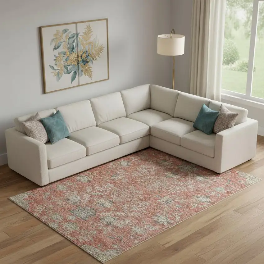 Coral Beige And Taupe Floral Washable Area Rug With UV Protection Photo 2