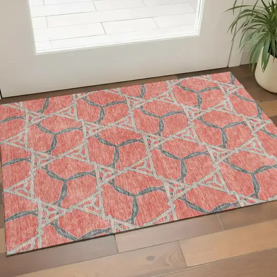 Coral Beige And Taupe Geometric Washable Area Rug With UV Protection Photo 1