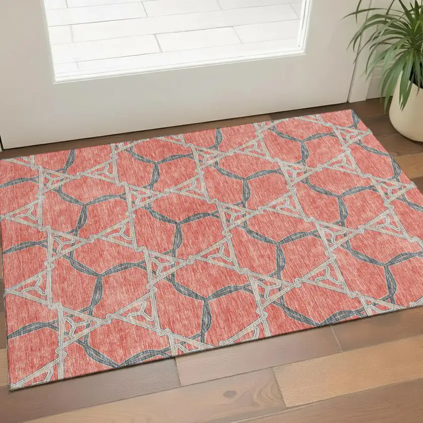 Coral Beige And Taupe Geometric Washable Area Rug With UV Protection Photo 1