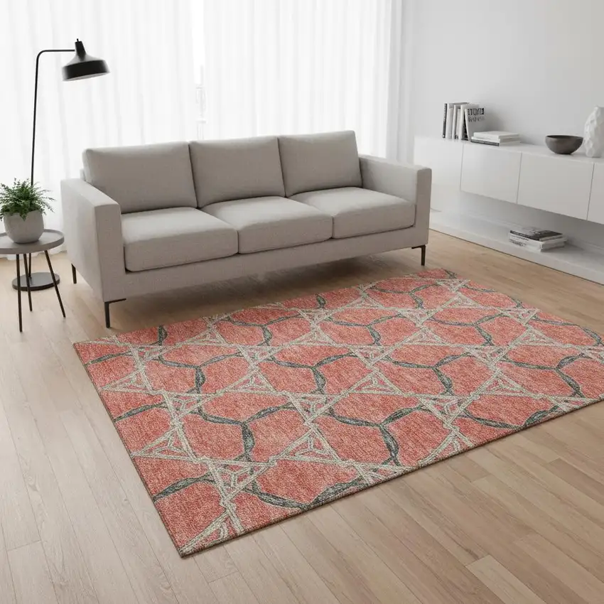 Coral Beige And Taupe Geometric Washable Area Rug With UV Protection Photo 2