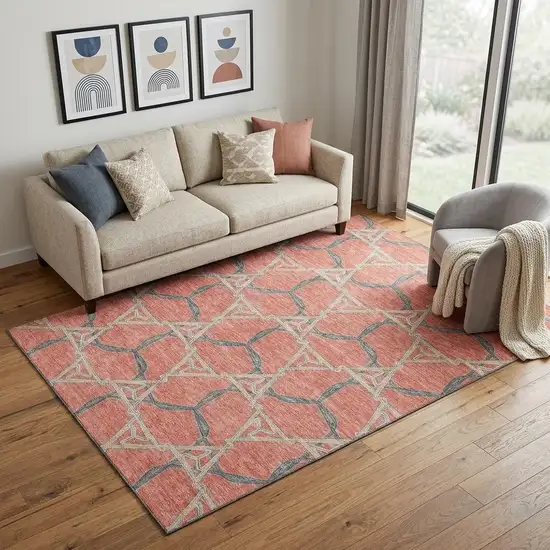 Coral Beige And Taupe Geometric Washable Area Rug With UV Protection Photo 1