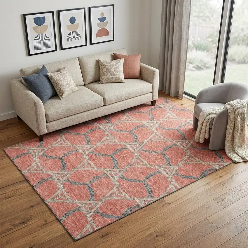 Coral Beige And Taupe Geometric Washable Area Rug With UV Protection Photo 1