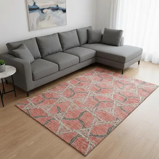 Coral Beige And Taupe Geometric Washable Area Rug With UV Protection Photo 2
