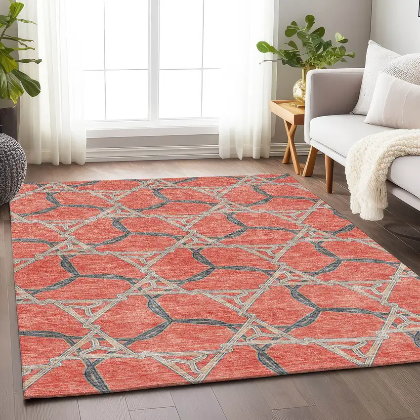 Coral Beige And Taupe Geometric Washable Area Rug With UV Protection Photo 4