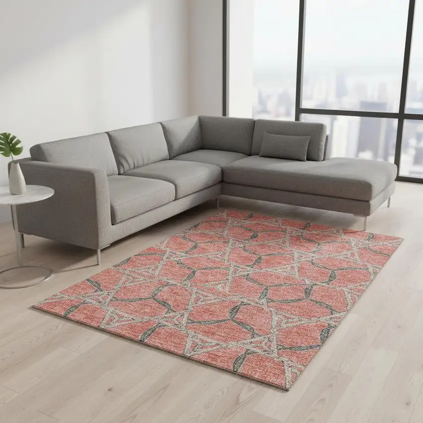 Coral Beige And Taupe Geometric Washable Area Rug With UV Protection Photo 2