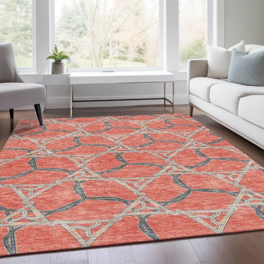 Coral Beige And Taupe Geometric Washable Area Rug With UV Protection Photo 5
