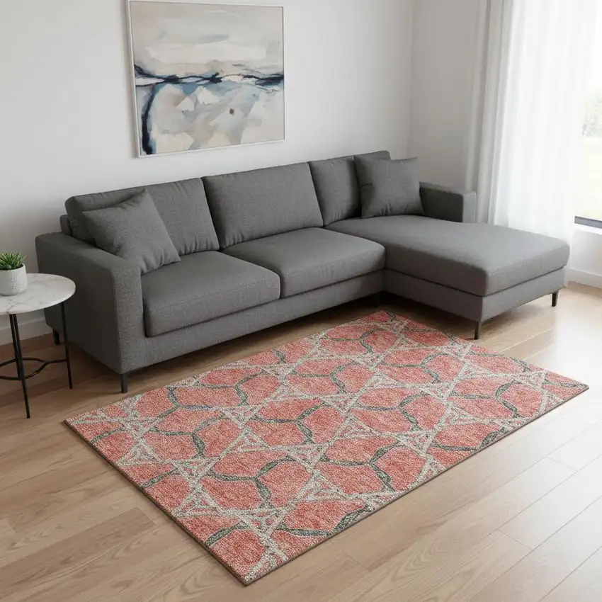 Coral Beige And Taupe Geometric Washable Area Rug With UV Protection Photo 2