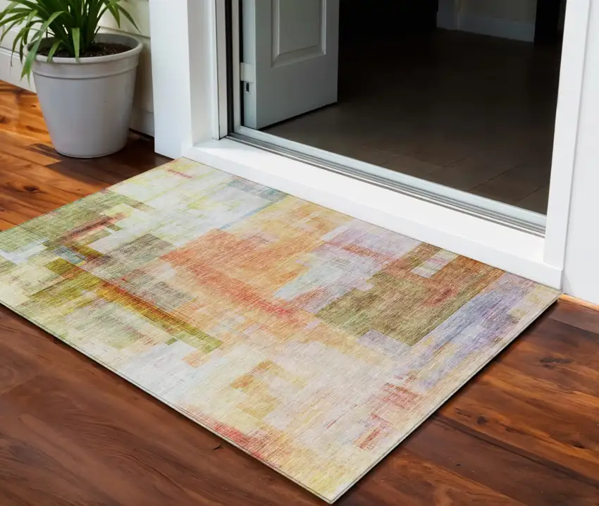 Coral Blue And Green Abstract Washable Indoor Outdoor Area Rug Photo 1