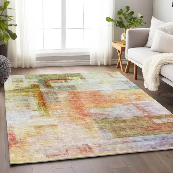 Coral Blue And Green Abstract Washable Indoor Outdoor Area Rug Photo 9
