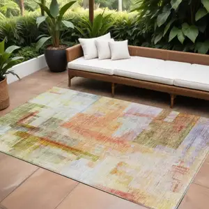 Photo of Coral Blue And Green Abstract Washable Indoor Outdoor Area Rug