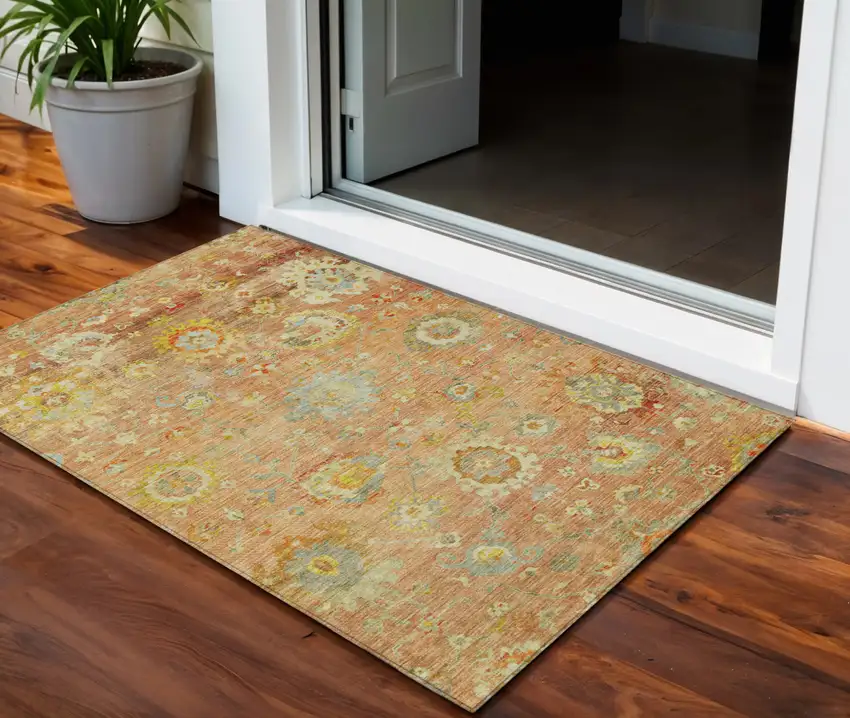 Coral Blue And Green Floral Washable Indoor Outdoor Area Rug Photo 1