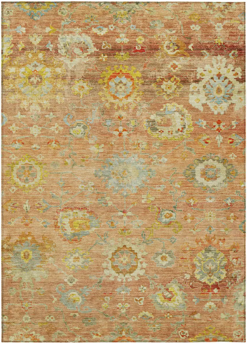 Coral Blue And Green Floral Washable Indoor Outdoor Area Rug Photo 2