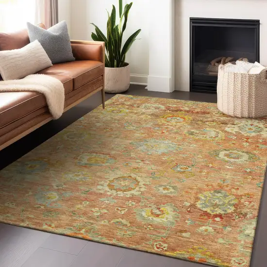 Coral Blue And Green Floral Washable Indoor Outdoor Area Rug Photo 9