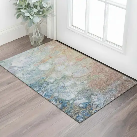 Coral Blue And Ivory Abstract Washable Area Rug With UV Protection Photo 1