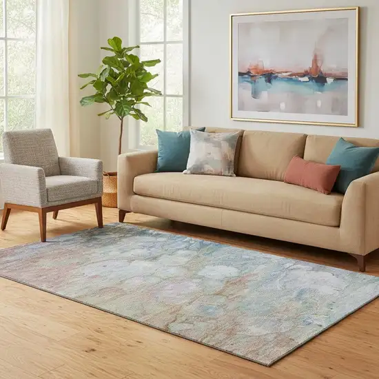 Coral Blue And Ivory Abstract Washable Area Rug With UV Protection Photo 1