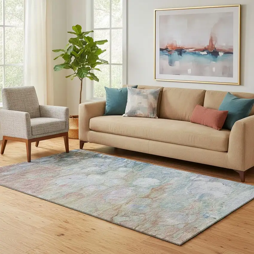 Coral Blue And Ivory Abstract Washable Area Rug With UV Protection Photo 1