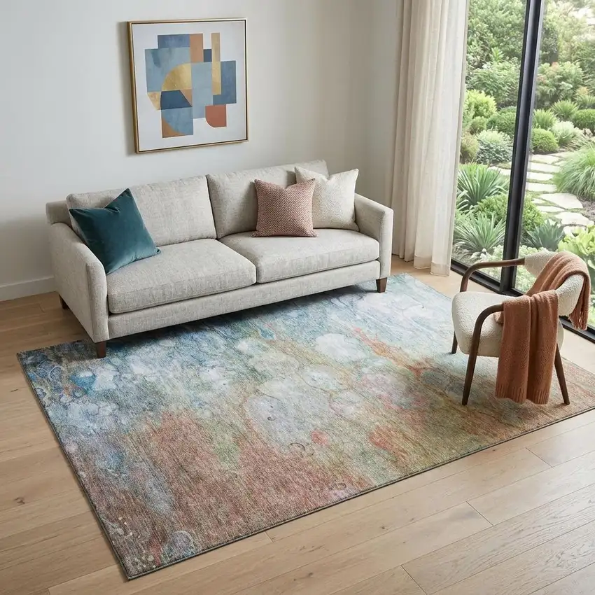 Coral Blue And Ivory Abstract Washable Area Rug With UV Protection Photo 1