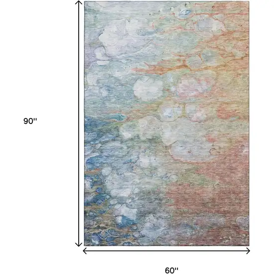 Coral Blue And Ivory Abstract Washable Area Rug With UV Protection Photo 3