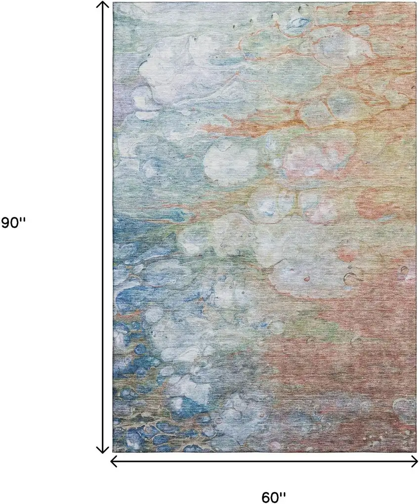 Coral Blue And Ivory Abstract Washable Area Rug With UV Protection Photo 3
